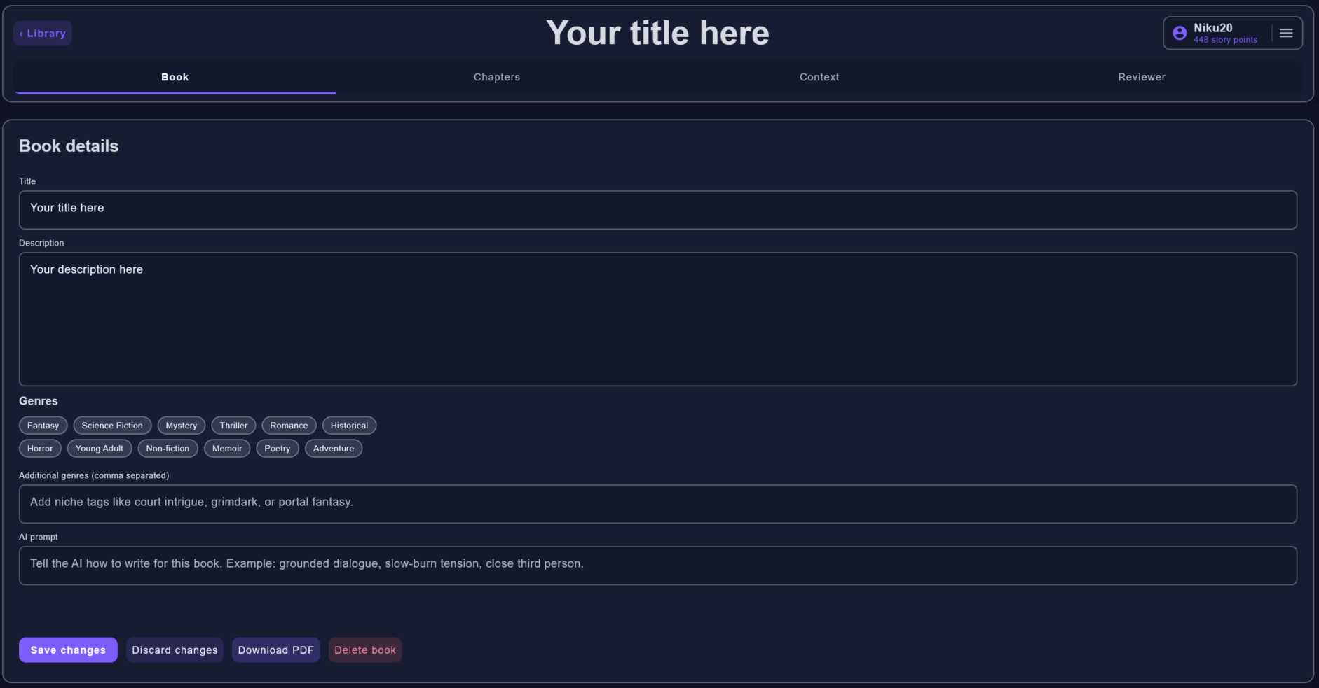 Book details screen with title, description, genre chips, and AI prompt field.