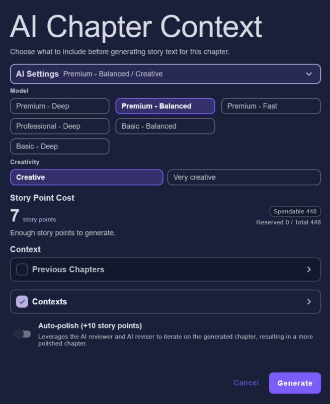 AI Chapter Context dialog with model, creativity, story point cost, previous chapters, contexts, and auto-polish.
