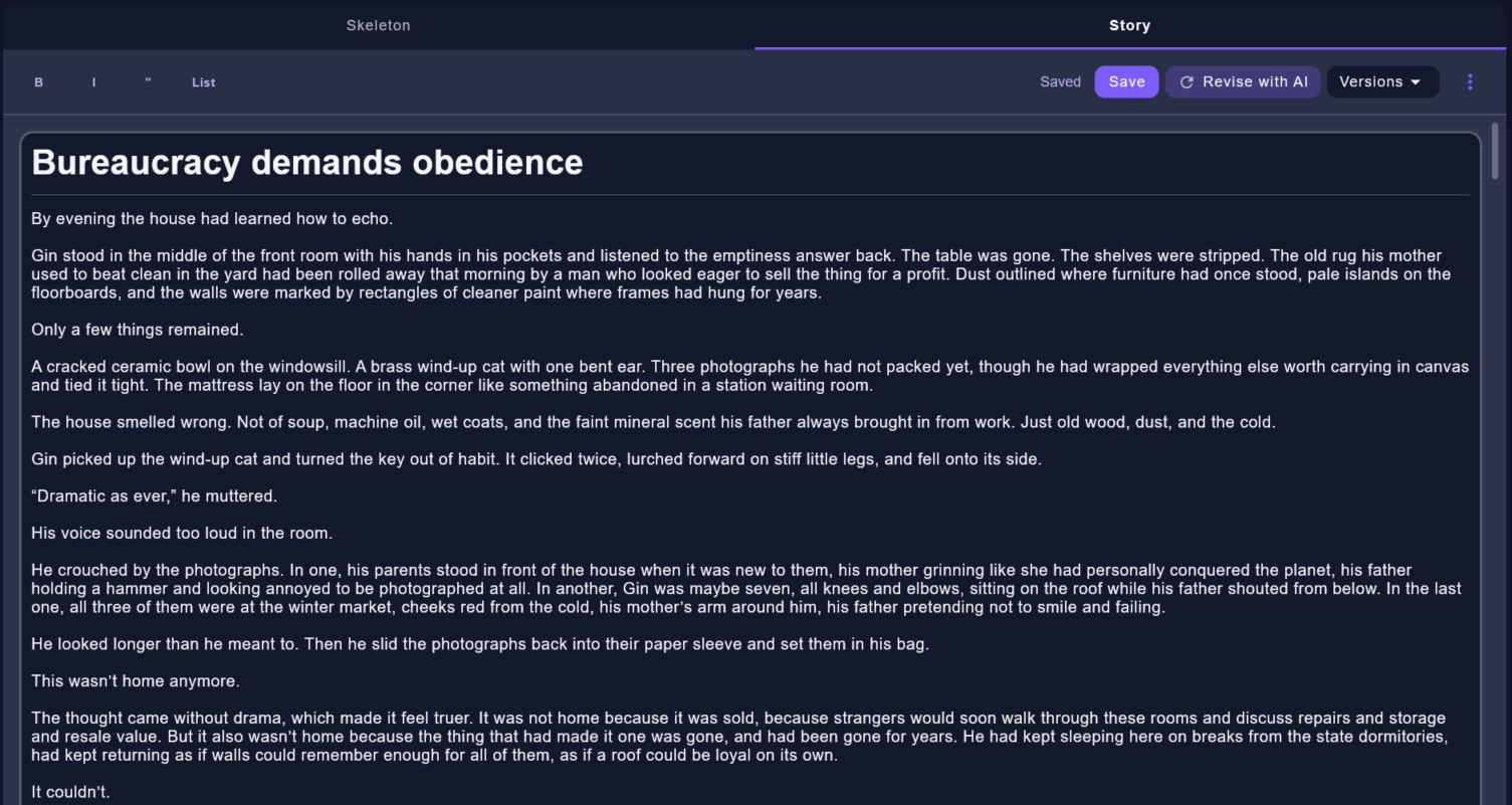 Generated story text in the chapter story editor.