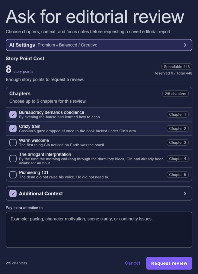 Editorial review request dialog with selected chapters, additional context, focus notes, and story point cost.