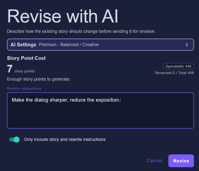 Revise with AI dialog with model settings, story point cost, rewrite instructions, and narrow context option.