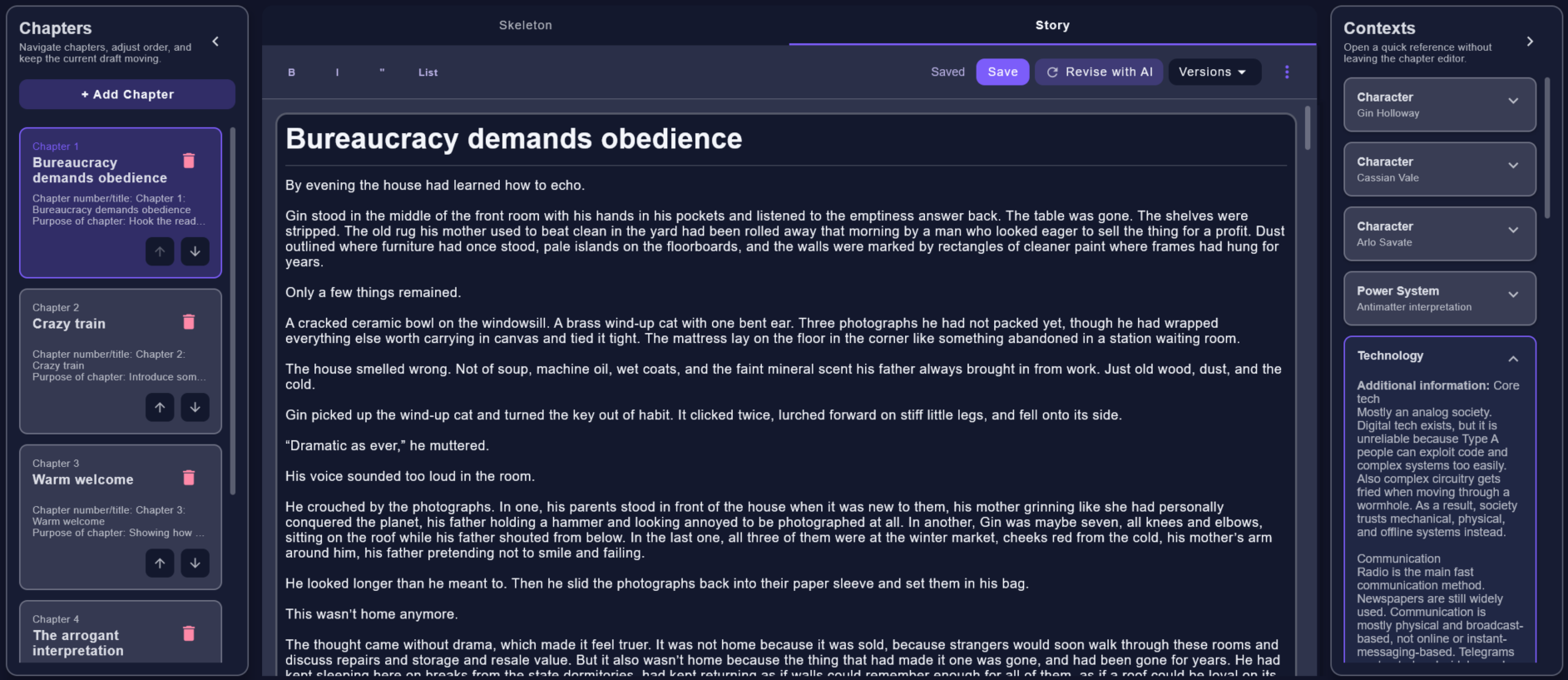 Chapter workspace showing story text, chapter list, and context sidebar.